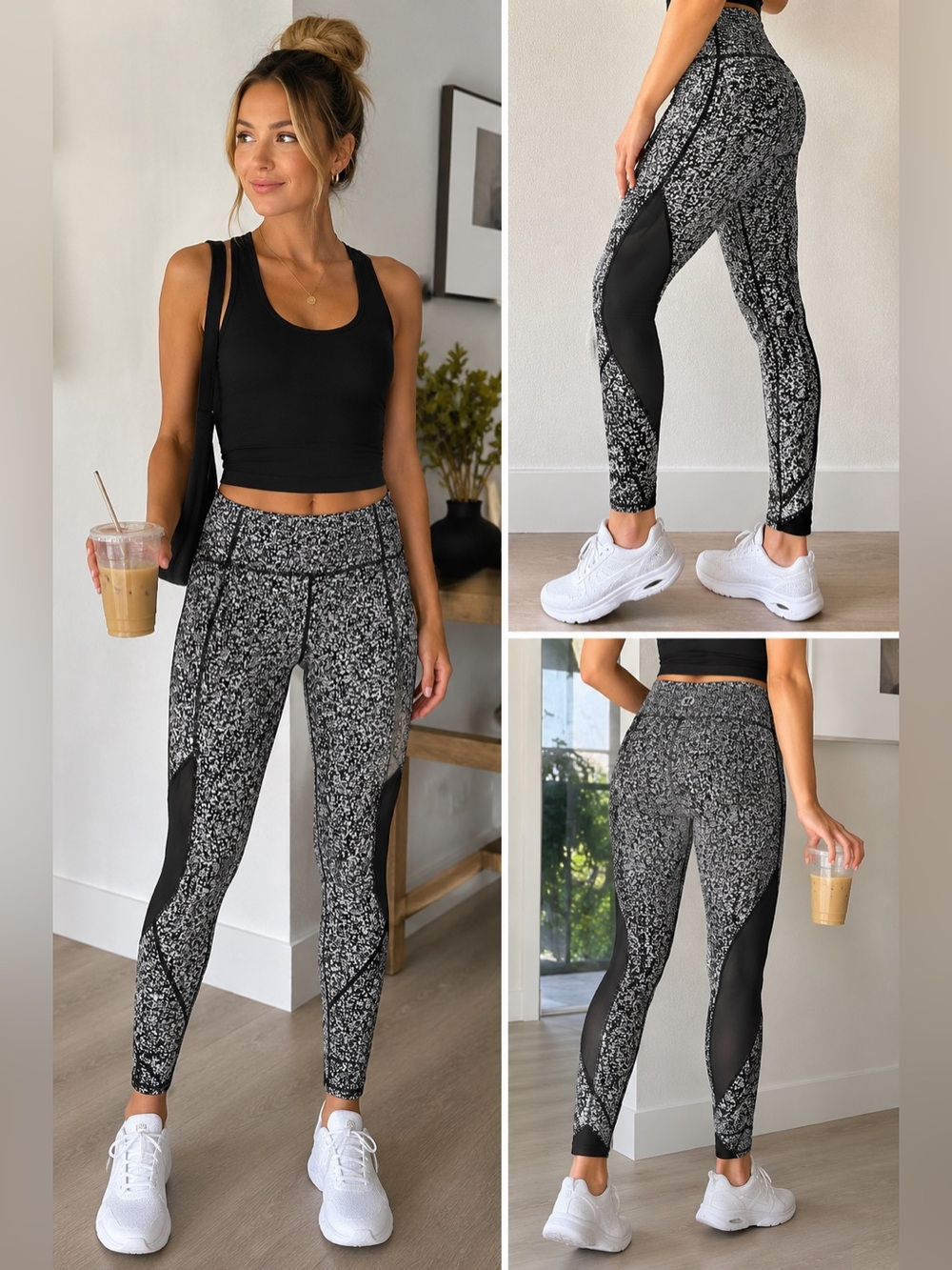 lululemon athletica Black & White Speckled Leggings with Black Mesh Panels